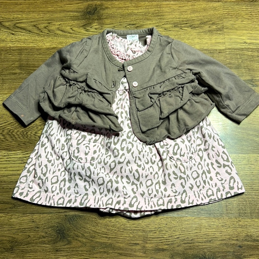 Carters Pink Leopard Print Dress with Brown Sweater Size 3 Months